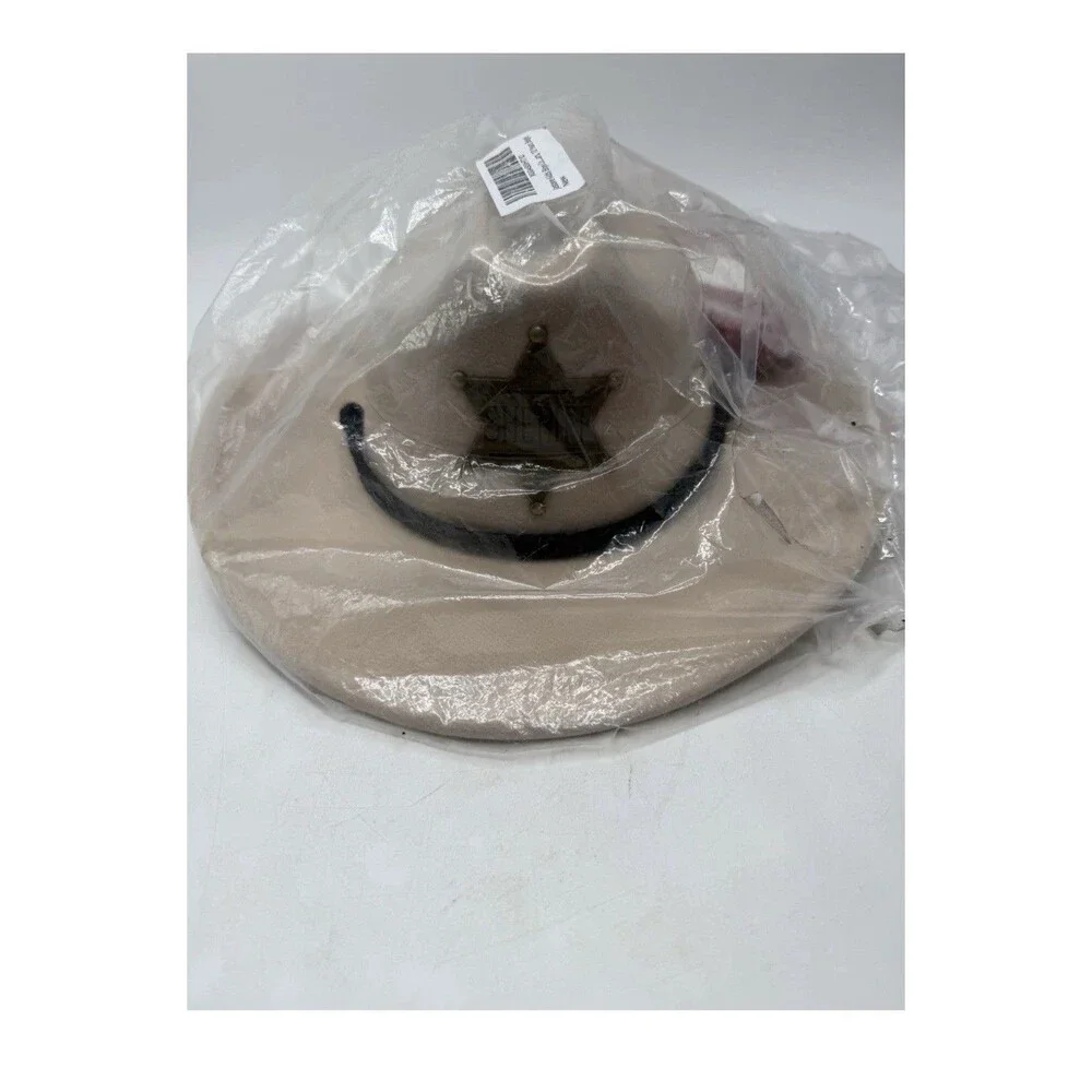 New Small Child Halloween Felt Sheriff Cowboy Hat w Gold Metal Tipped Chin Strap